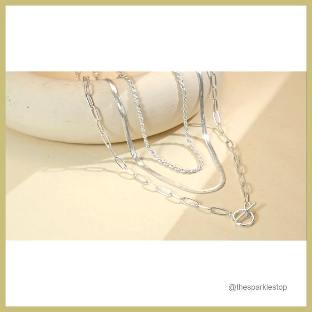 Sterling Silver Plated Chunky Layered Necklace Set Adjustable Toggle Clasp - Picture 7 of 7